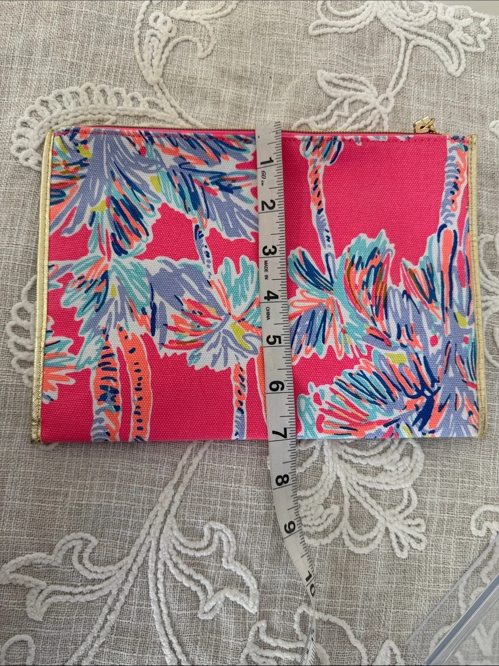 Lilly Pulitzer Pink Tropical Palm Pattern Top Zip Case with Gold Tone Trim
